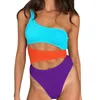 Maillots de bain pour femmes Sexy une épaule bleu Patchwork une pièce maillots de bain femme évider taille haute Monokini Push Up L5