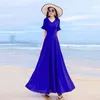 Robes décontractées Femmes Robe d'été Col en V Mode élégante à manches courtes Solide Dames Plage Slim Longueur de la cheville en mousseline de soie Vêtements pour femmes