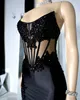 Oszałamiająca czarna syrenka na studniówkę dla czarnych kobiet koraliki aplikacje Suknie wieczorowe Eleganckie sukienki bez ramiączek na specjalne okazje podzielone złudzenie szacie de soiree