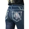 Designer broderade jeans som säljer kvinnors mikroblossade byxor.