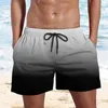 Shorts masculinos praia de secagem rápida com cordão elástico cintura gradiente cor bolsos largos para fitness