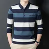 Autumn Winter Polo Mens Clothing Loose Striped Long Sleeve Tees Turn-down Collar Shirt Business Casual Fashion Pockets Tops 240304