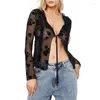 Damesblouses Xingqing Y2k Sheer Top Dames Esthetische Kleding Doorzichtige tie-up Bloemenprint Blouse met lange mouwen Jaren 2000 Kleding Streetwear