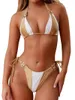 Mulheres Swimwear Splicing Halter Jeweled Diamond Bikini 2024 Mulheres Maiô Feminino Duas Peças Set Banheira Swim Beach Wear