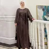 Etniska kläder kvinnor muslim set blygsam matchande outfit 3 stycke öppen abaya kimono långärmad klänning wrap kjol dubai party eid ramadan