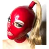 Pyjamas sexy Y Lingerie exotique Cagoules en latex rouge faites à la main avec perruque blonde Tress Ponytail Cekc Club Wear Costumes fétiches Costomize Taille XS Dhbkr