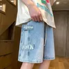 Men's Shorts Summer Cargo Denim Male Fashion Letter Pattern Loose Casual Knee Long Jeans Men Blue Baggy Short