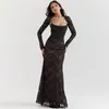 Robes de soirée Robe de bal en dentelle noire 2 pièces ensemble Sexy Srap soirée manches complètes tenue formelle cravate dos longue Robe Robe