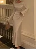 Осеннее элегантное однотонное платье миди, женское тонкое платье русалки с расклешенными рукавами, весеннее французское винтажное платье для свадебной вечеринки, халат Mujers240318