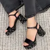 Sandálias de plataforma chunky bloco salto diamante decoração fivela dedos abertos designers femininos sola de couro sapatos de festa à noite tamanho 35-41