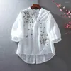 Blouses pour femmes Femmes Rétro Broderie Fleurs Motif Chemise Tops Col Montant Col En V Boutons Demi Patte 3/4 Manches Lâche