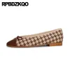 Boots Patchwork Colorful Brand Ballet Women Shoes 2022 Round Cap Toe Tweed Plus Size 40 Slip On Bow Block Plaid Houndstooth
