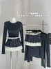 Werkjurken Koreaanse mode-outfits 2-delige rokset Grijs gebreide tops Lage taille Contrastkleur geplooid met riem Gyaru Coquette