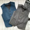 Västar mäns västar blå V -nackplädes Hillbone tweed 4 Pocket Retro Tooling Waistcoat Single Breasted Male Gentleman Business Vest