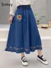 Skirts Women's Vintage Floral Embroidery Dot Denim Skirt Japanese Mori Girl Drawstring Pleated Long Female Casual Midi