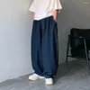 Herr jeans mitten av elastiska midjebandfickor hip hop wide ben denim byxor streetwear