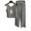 Women Sports Two Piece Set Embroidered Knit Vest Fashion Casual Wide Leg Pants