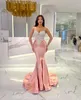 Impressionante vestido de baile de sereia rosa com alças superiores cobertas de cristal vestidos de noite formais vestidos elegantes para ocasiões especiais trem de varredura pregas robe de soiree