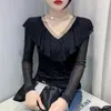 Spring Autumn Women Sexy See Through Mesh V Neck Ruffle Sequins T Shirt Elegant Fashion Slim Tees Ladies Solid Long Sleeve Tops 240311