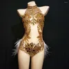 Palco desgaste luxo presente ano prata cristais malha bodysuit mulheres pena collant outfit dança festa traje celebrar vestido