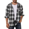 Men's Casual Shirts Hooded Flannel Plaid Shirt For Men Drawstring Long Sleeve Regular Fit Button Down Tee Tops