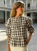 Kvinnors T-skjortor Fashion Plaid tryck T-shirt Kvinnor Street Puff Sleeve Lace Up Hollow Out Female 2024 Spring Summer Casual Lady Loose Tops