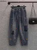 Jeans femininos primavera moda feminina bordado floral estilo fresco calças jeans senhora cintura elástica retro rasgado jeans casual solto harem calças c24318