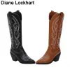 Stiefel Retro Women Knie High Stiefel Leder Reitstiefel mittelalterlich westlicher Cowgirl Boot Herbst Winter Spitzer Zehen Frau Kosaken Stiefel