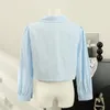 Bluzki damskie Koreańska moda bluzka 2024 Bawełniany kołnierz z długim rękawem kołnierz polo niebieska koszula