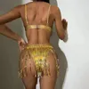 Kvinnors badkläder sexig bikini Set Women Swimsuit Three Piece Suit Gold paljett Tassel kjol Bra thong triangel kvinnlig bad