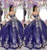 Sparkly Dark Navy Sequined Satin Quinceanera Dresses Prom Ball Gown Champagne Floral Applique Beading Strapless Laceup Back Sweet2969258