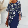 Robes décontractées robe de taille dame trajet élégant imprimé floral en mousseline de soie midi pour les femmes style de gaine avec demi-manches ronde formelle