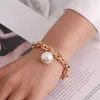 Korean Fashion Elegant Atmosphere Large Pearl Pendant Metal Thick Chain 14K Gold Bracelet for Women Designer Jewelry Gift Pulseras Mujer