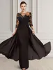 Abiti lunghi eleganti in chiffon nero per la madre della sposa Guaina in pizzo o-collo Abiti da madrina Lunghezza pavimento Abiti da festa formali Abiti da donna