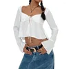 Women's Blouses Front Tie-Up Cardigan Shirts Solid Color Sweetheart Neck Low Cut Long Sleeve Split Hem Cropped Blouse Fashion Streetwear