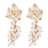 Stud Earrings Gold Color Alloy Leaf Acrylic Grape Beaded Drop For Women Fashion Creative Cute Girl's Daily Party Jewelry Accessories