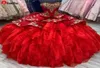 НОВИНКА 2022 Красные платья Quinceanera для выпускного вечера, милые бальные платья, корсет без бретелек на спине с золотой аппликацией, многоуровневая юбка из тюля Sweet6519381