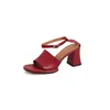 Sandaler 2024 Women Platform Red Leather Prom Party Summer Shoes Ankle Strap Brown Lady Chunky High Heels Sandalias Femininos