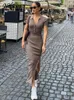 Partykleider Nibber Einfarbiges Maxikleid Sommerkleidung für Frauen Eleganter Mittelkragen Einreiher Streetwear Reisen