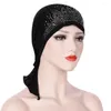 Ethnic Clothing Trendy Rhinestone Pullover Hat With Tail Cap Muslim Turban Women Hijabs Head Scarf Wrap Crystal Hemp Bottom Bonnet Undercap