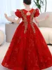 Mädchenkleider, rotes Ballkleid, Baby-Blumen-Pailletten, U-Ausschnitt, für Kinder, Abschlussball, Show, Party, formelle Anlässe