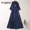 Freizeitkleider Evagina Fashion Damen-Stehkragen im chinesischen Stil, ausgestellte Ärmel, Vintage-Nagelperlen, bestickt, elegantes langes Maxikleid