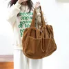 Simple Casual Teenager Students Corduroy Shoulder Bag Women Large Drawstring Handbag Ladies Shopping Bags Purse 240307