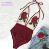 Vermelho roupa de banho sexy verão floral bordado swim wear halter maiô feminino push up bikini cintura alta uma peça monokini