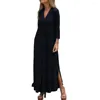 Casual Dresses Women Solid Color Dress Elegant V Neck Maxi With Pleated Sleeves Side Split Hem Soft Knitted Wear For Breathable