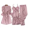 Women Sleep Set Satin Striped 4PCS Pajamas Suit Pijamas Sexy Kimono Bathrobe Gown Home Clothes Lace Patchwork Sleepwear 240308