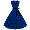 Sıradan Elbiseler Kadınlar İçin Yaz Kilsiz Retro Hepburn 1950'ler 60'lar Rockabilly Polka Nokta V yaka Siyah Pinup Partisi Robe Swing Vestidos