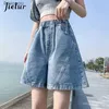 Women's Shorts Jielur New Woman Wide Legs High Waist Blue Knee-Lenght Denim Shorts Casual Female Loose Fit Jeans Vintage Ladies Bermuda ShortsC243128