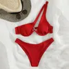 Maillots de bain pour femmes Femmes Maillot de bain Élégant Deux pièces Bikini Ensembles pour couleur unie Soutien-gorge à une épaule avec taille haute à armatures Push Up Beach