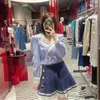 Niche design lace navy collar blue striped shirt women's short top